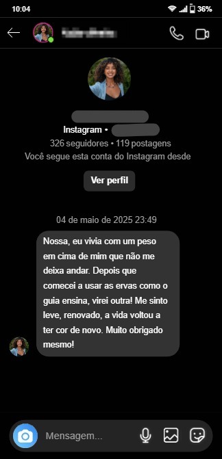 Depoimento de cliente em formato de mensagem de Instagram