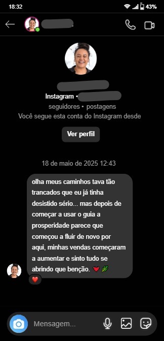 Outro depoimento de cliente em formato de mensagem de Instagram